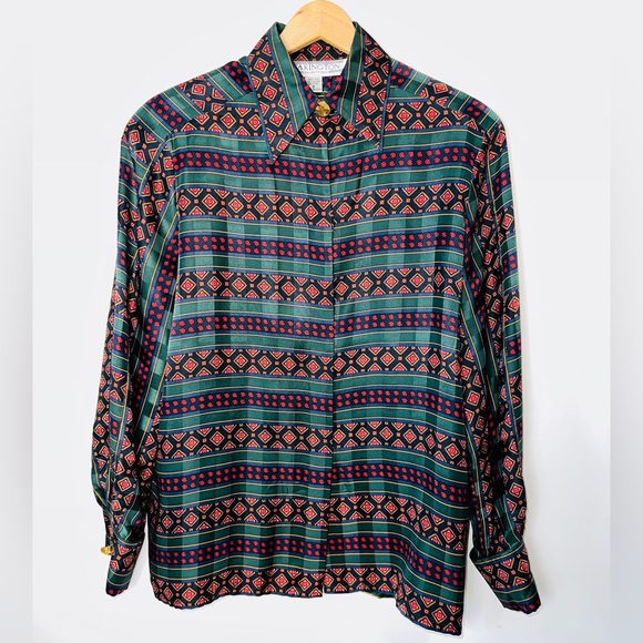 Beautiful Vintage 100% Silk Multicolor Stripe Paisley Floral Print Top Size 8 - Picture 1 of 13